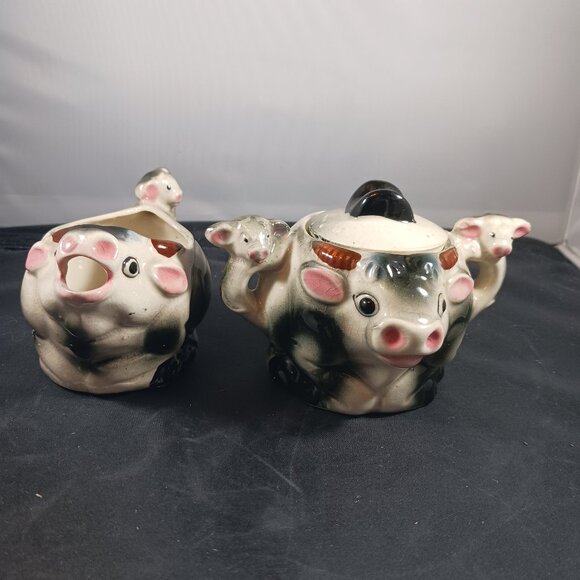 Vintage Kitsch Cow Sugar and Creamer Bowl Set Collection Decor - Picture 1 of 15